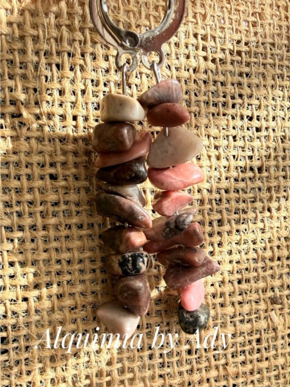 Silver dangle bar earrings with pink gemstone spheres